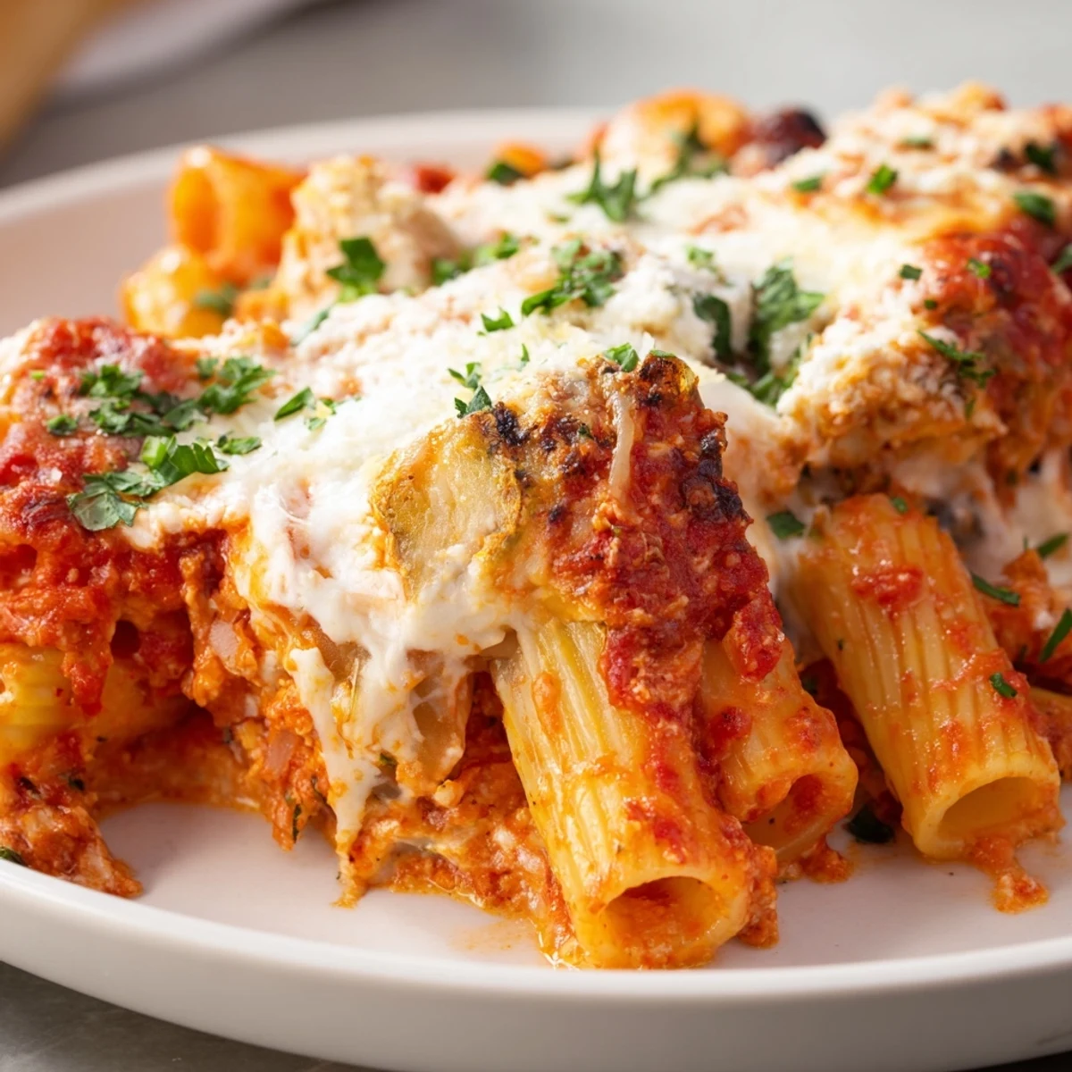 Baked Ziti with mozzarella, bubbling cheese and a rich tomato sauce, ready to serve on a plate.