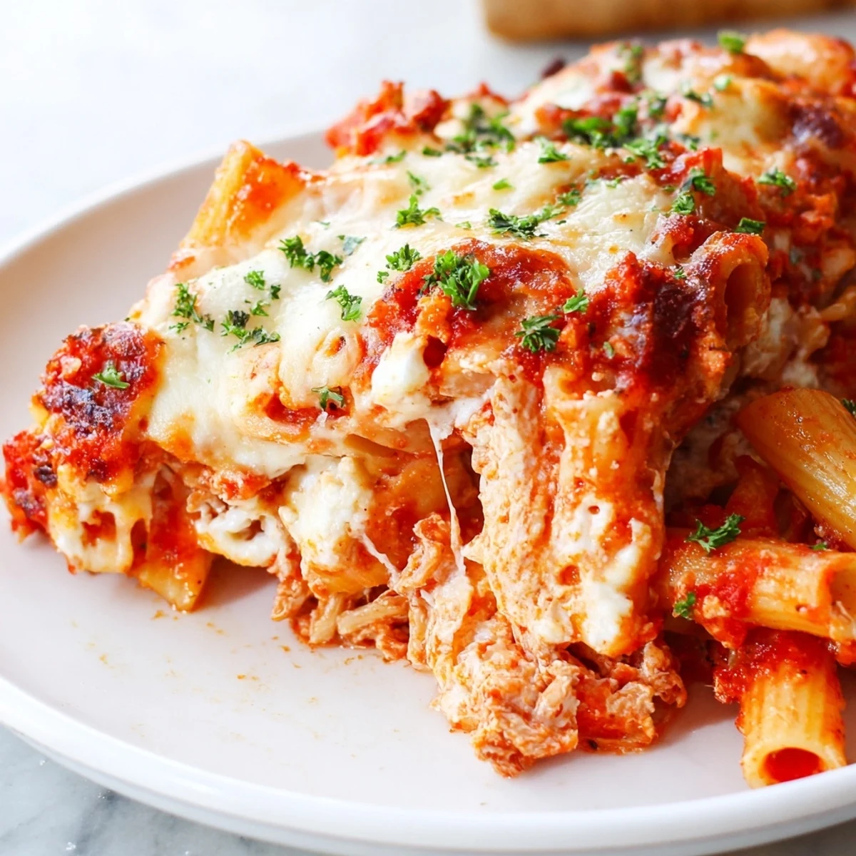 Golden, bubbly Baked Ziti with mozzarella cheese, a perfect Italian-American comfort food dinner.