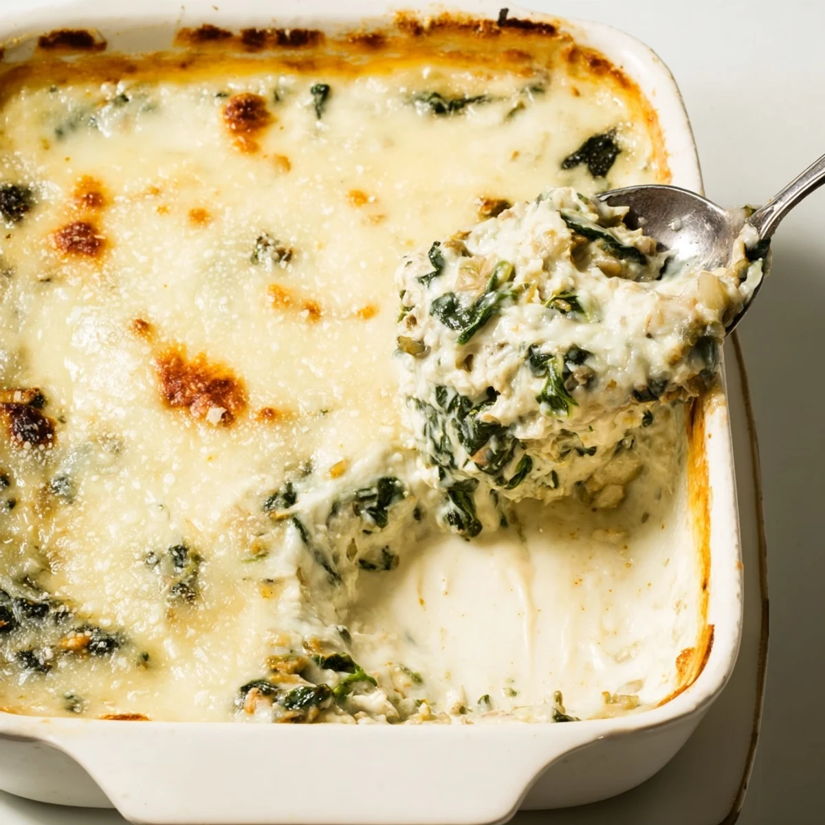 Warm Spinach Dip bubbling in a baking dish, ready to be scooped up with crackers.