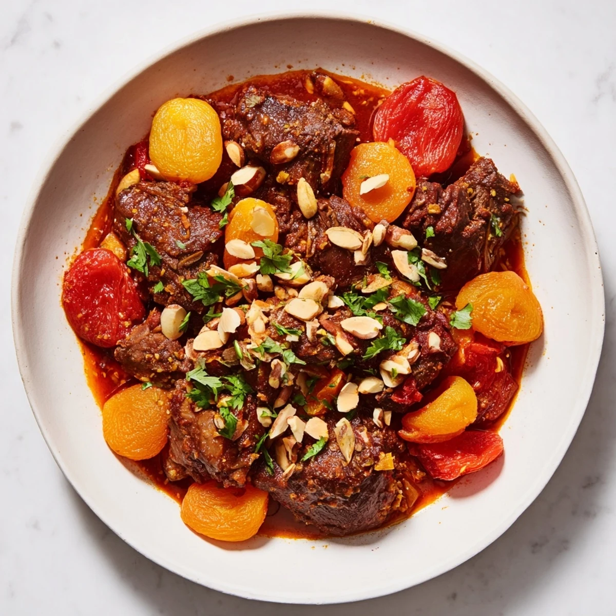 Tender Moroccan Lamb Tagine, rich with spices and fruits, served with fluffy couscous for a flavorful meal.