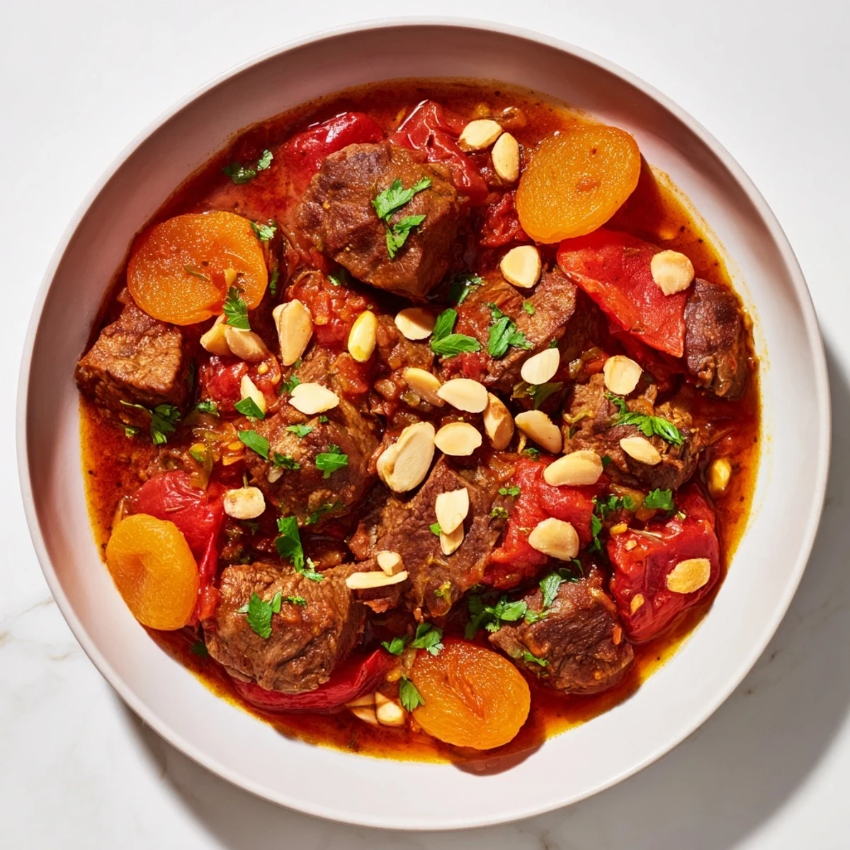 A steaming bowl of comforting Moroccan Lamb Tagine, showcasing juicy lamb and sweet apricots in a savory sauce.