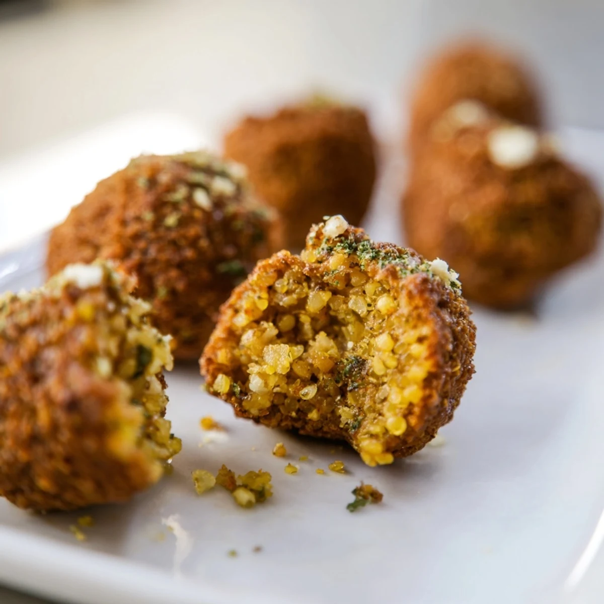 Golden and crispy falafel, deep-fried to perfection, ready to be served with tahini sauce.