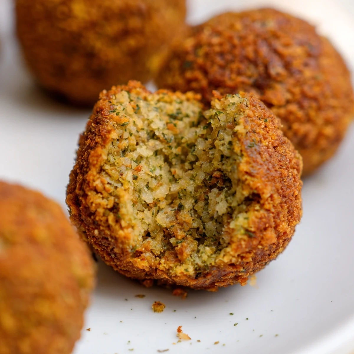 Close-up of freshly fried falafel, showing a perfectly crunchy exterior and herbs inside.