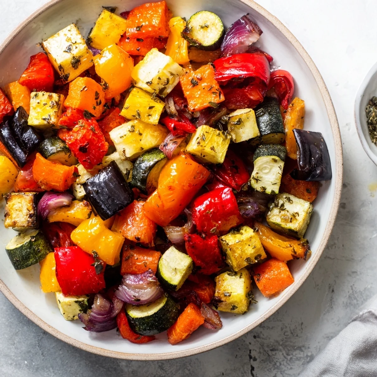A close-up of a flavorful roasted vegetable medley, glistening with olive oil and Italian herbs.