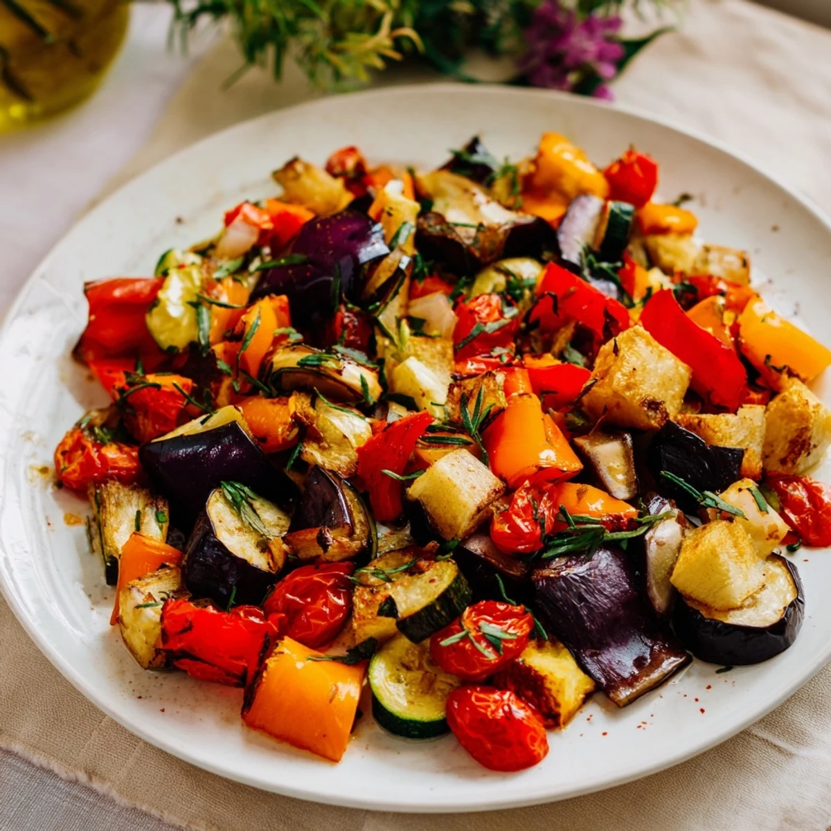 Warm plate of roasted vegetable medley, a colorful and healthy side dish, ready to eat.