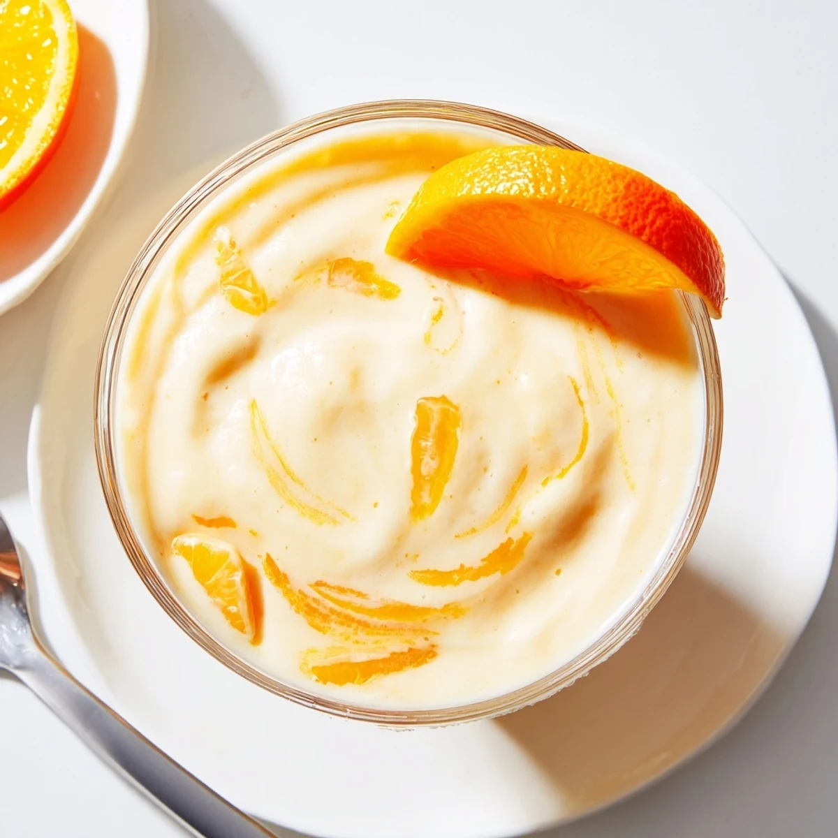 A bright, creamy orange smoothie, thick and smooth, served in a tall glass, ready to drink.