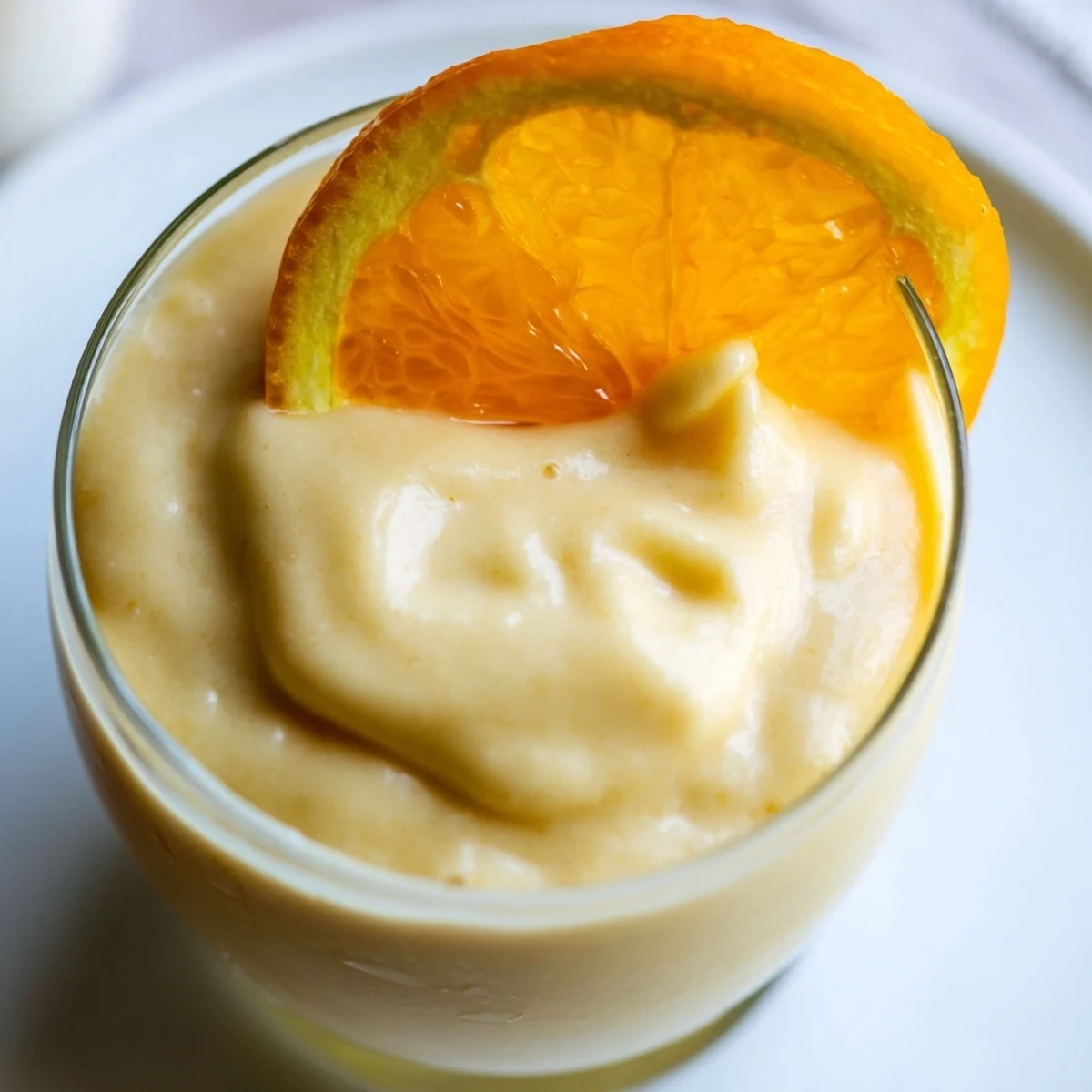 Cooling and delicious, a homemade orange smoothie with glistening condensation, perfect for summer days.