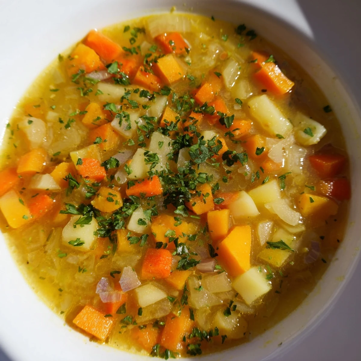 Steaming bowl of root veggie soup with a garnishment of fresh parsley and crusty bread.