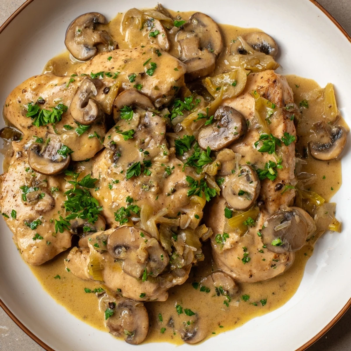 Golden-brown Mushroom Chicken breasts bathed in a rich, creamy sauce for a flavorful weeknight dinner.