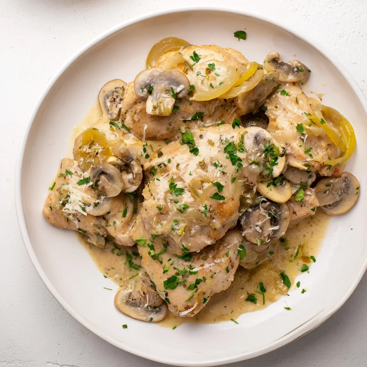 A close-up of a skillet brimming with savory Mushroom Chicken, ready to be served, glistening.