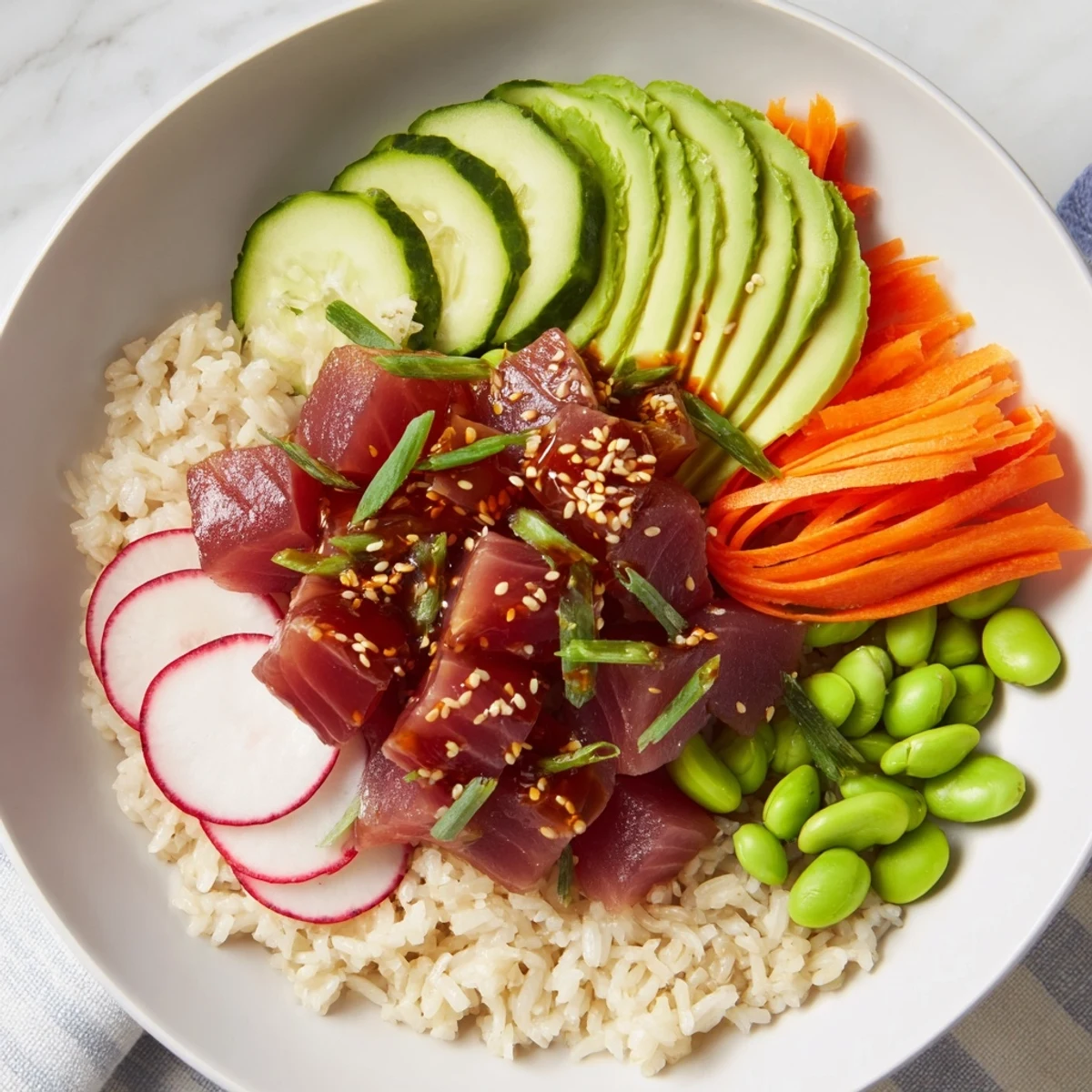 Fresh tuna bowl bursting with colorful veggies and a savory dressing, ready to enjoy.
