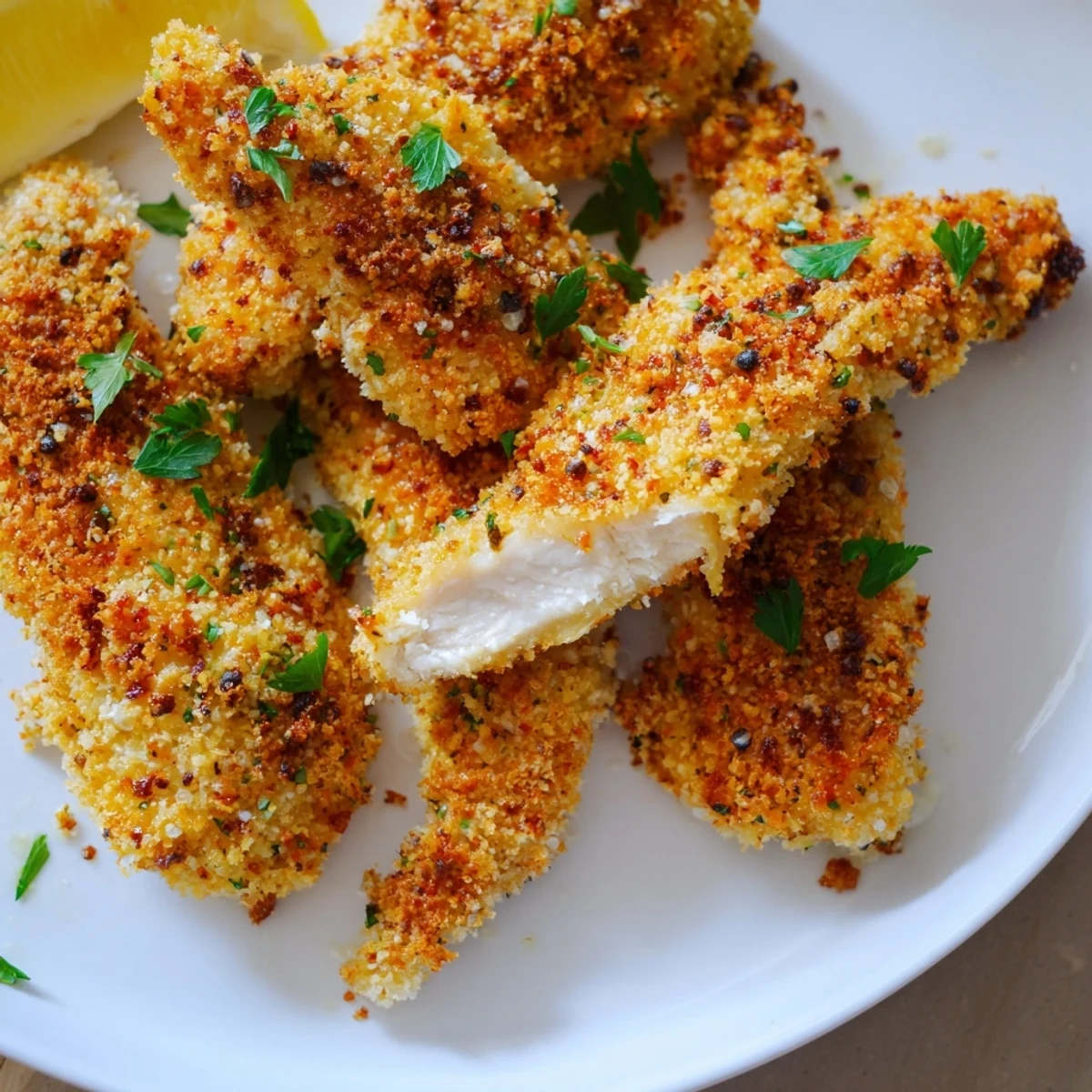 Golden, crispy Baked Chicken Tenders, served with fresh parsley and lemon wedges for a flavorful meal.