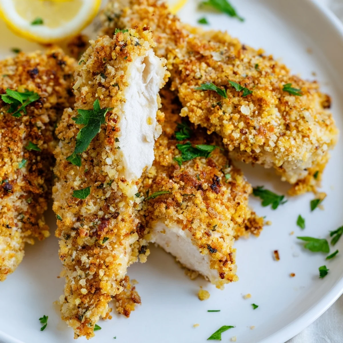 A close-up shot of perfectly baked chicken tenders, showing the delicious, crunchy golden crust.