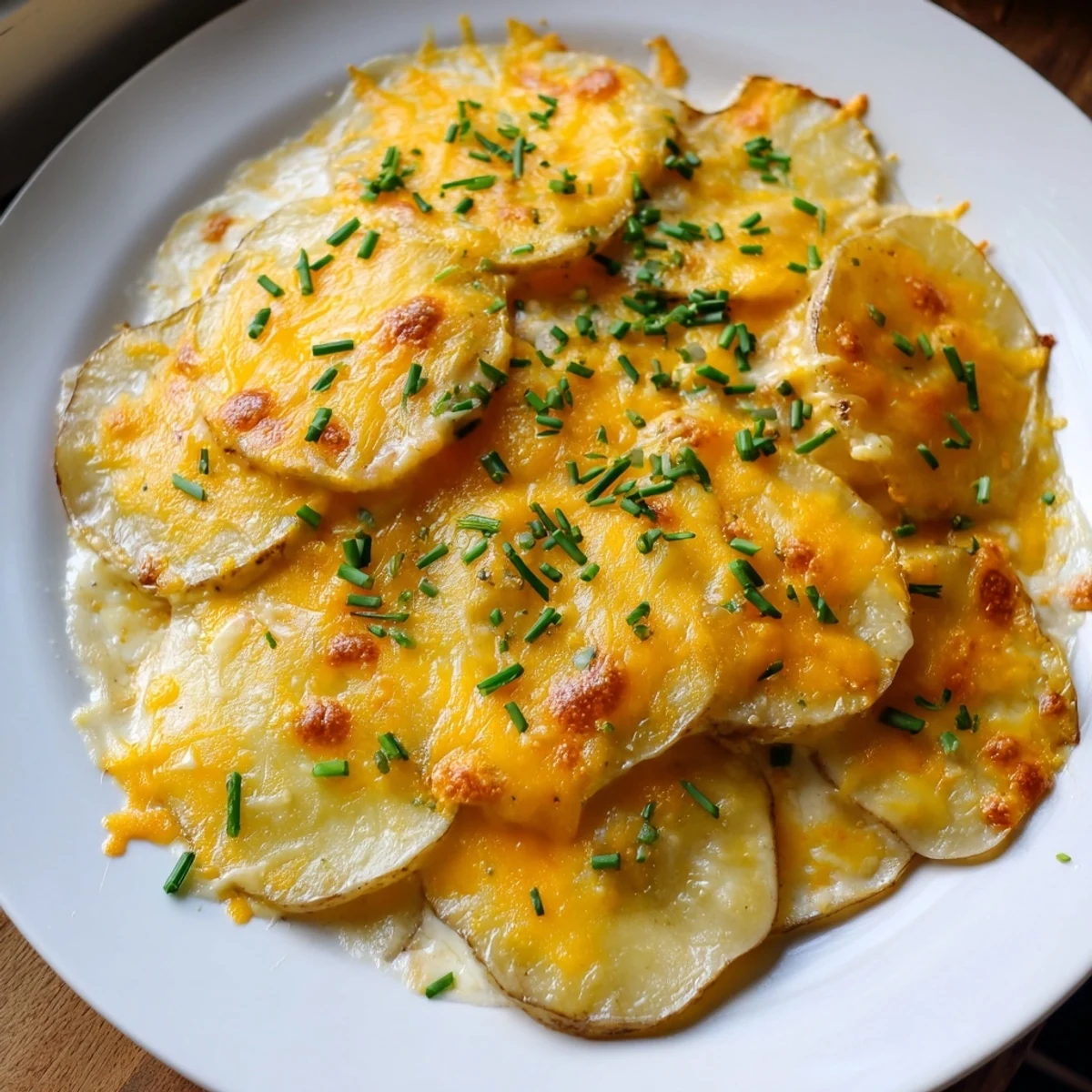 Hot potato casserole fresh from the oven, featuring a golden crust and flavorful, cheesy filling.