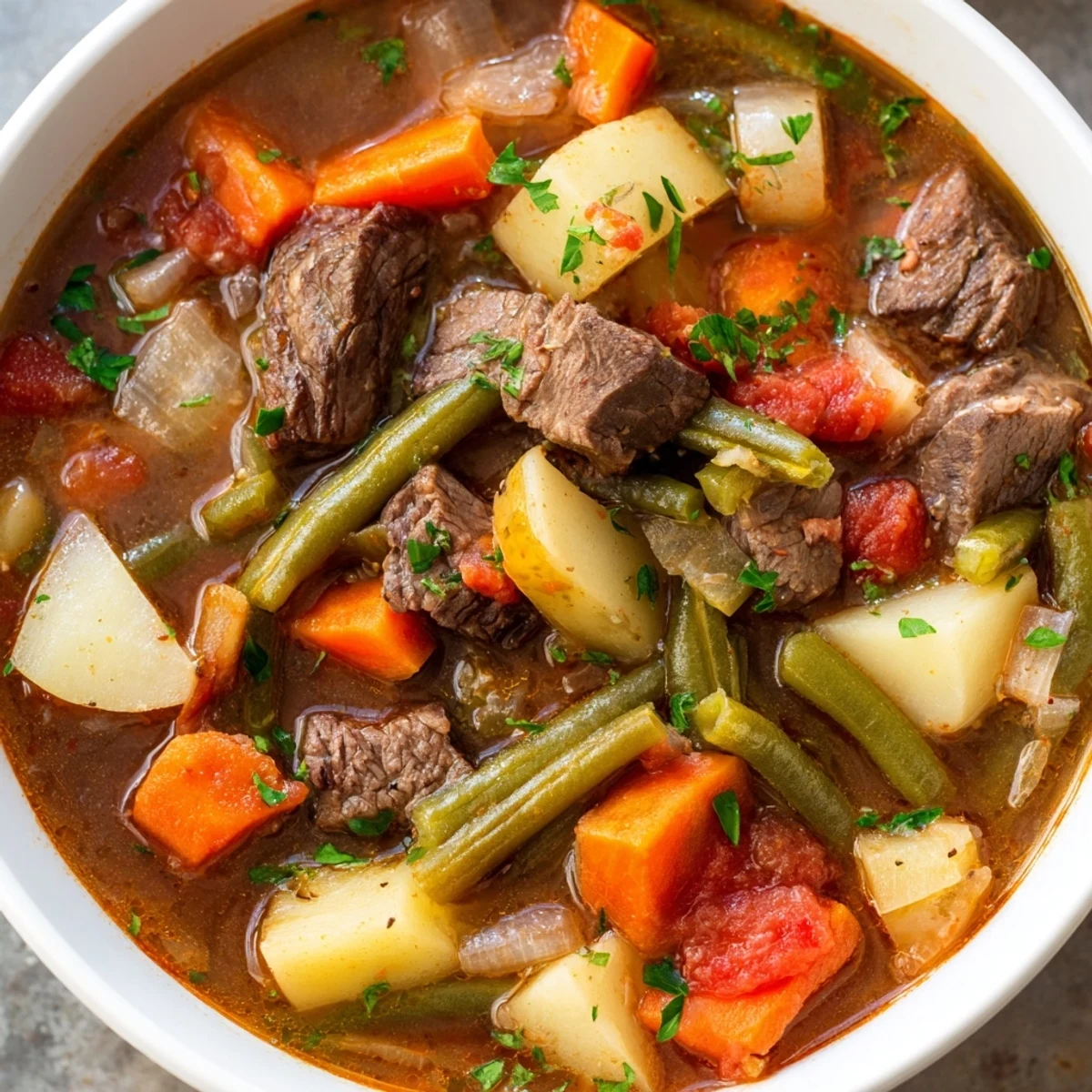 A close-up shot of rich beef soup, showcasing carrots, potatoes, and savory broth.