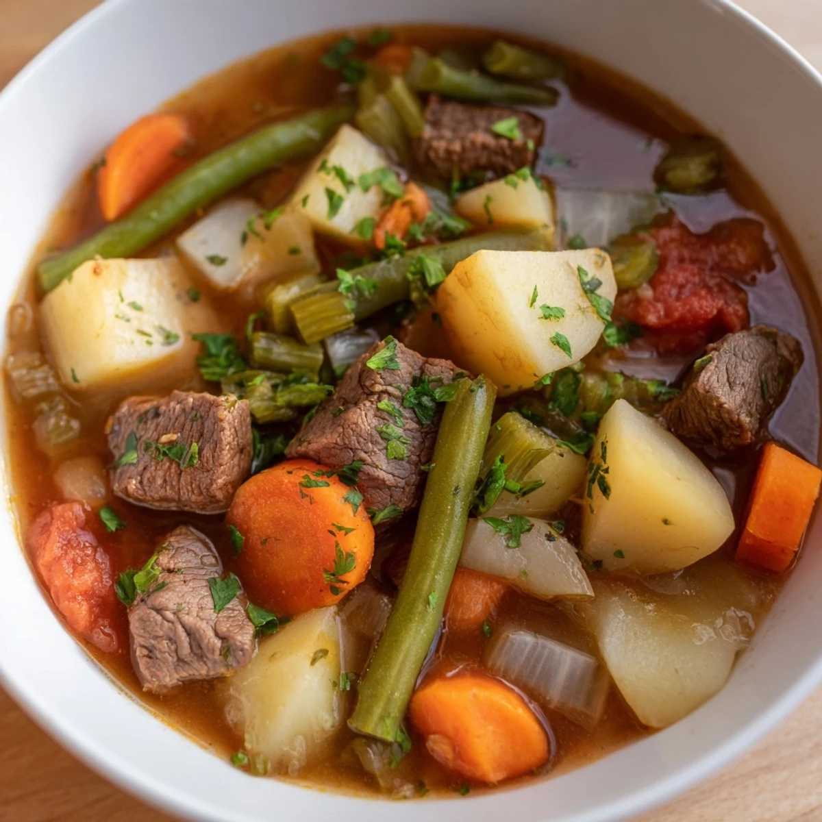 Hearty beef soup simmering in a pot with fresh herbs, smelling delicious and ready soon.