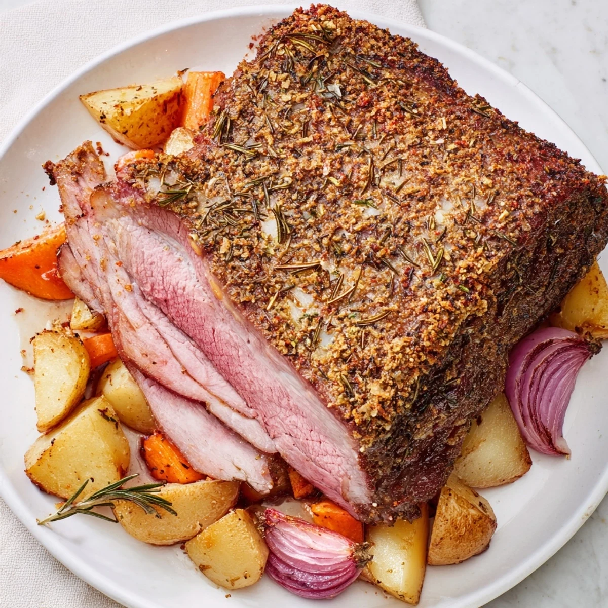 See the deliciously prepared meat roasted, showcasing a generous portion ready to be sliced and enjoyed.
