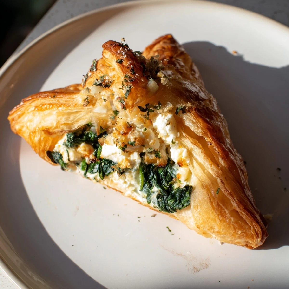 Golden-baked savory pastry, filled with a creamy cheese and spinach filling, ready to eat.