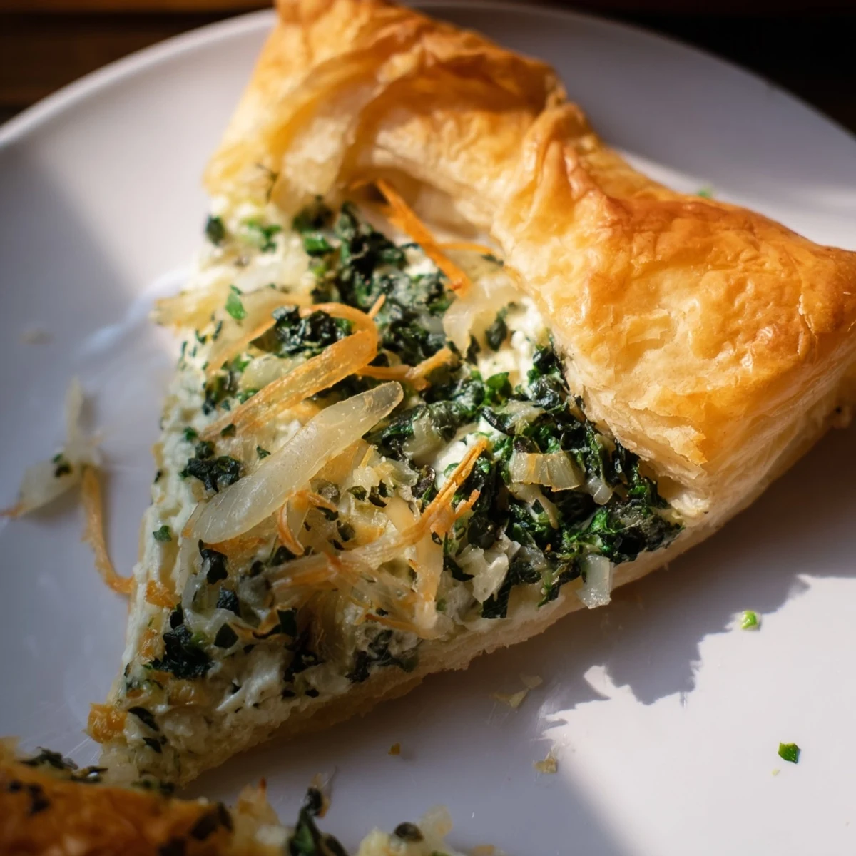 A close-up of a warm savory pastry, its flaky layers revealing a flavorful filling.