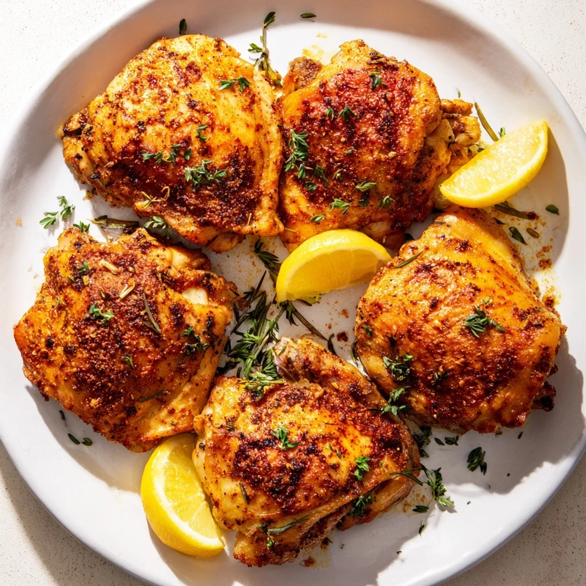 Juicy marinated Baked Chicken thighs, glistening from the oven, offering a delicious, savory aroma.