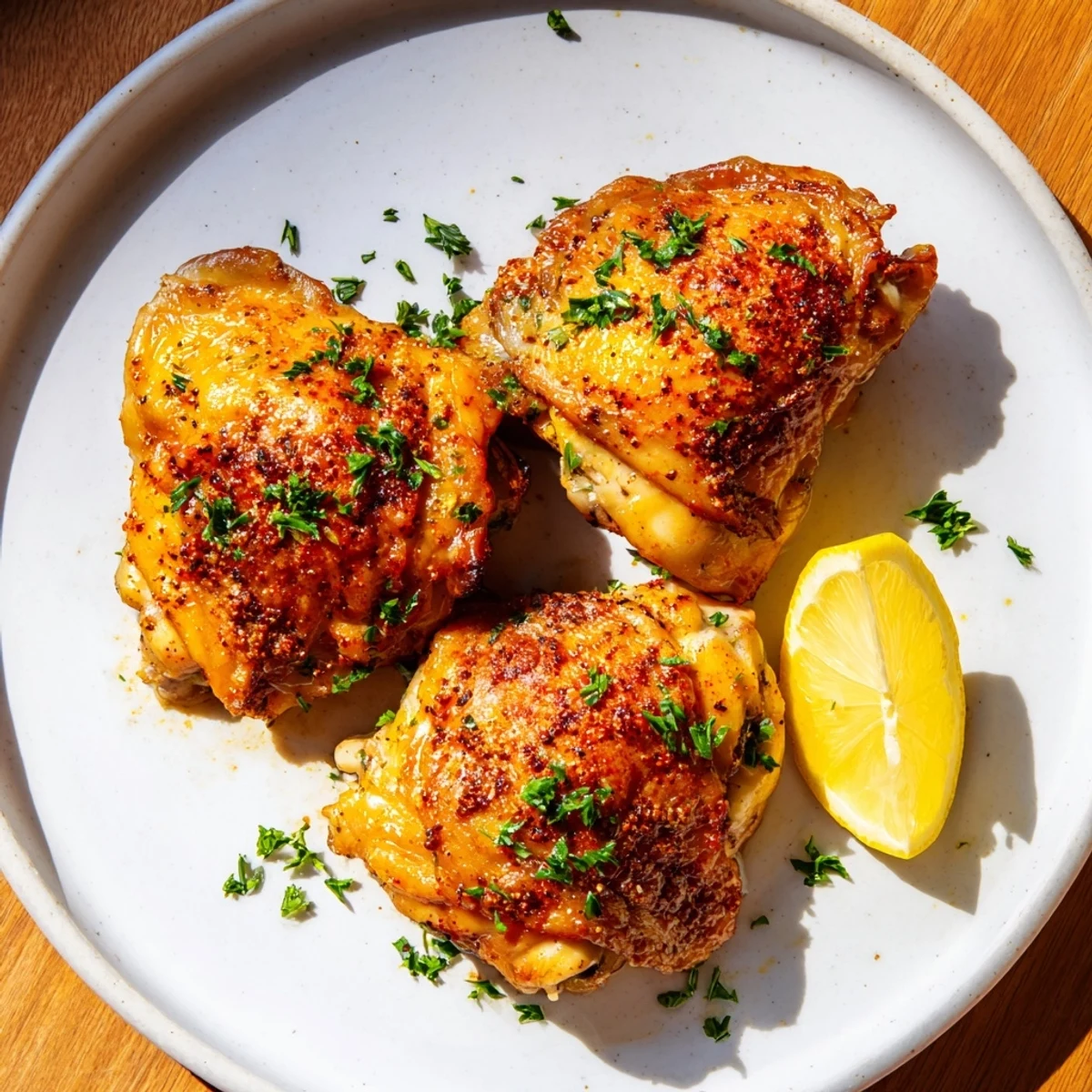 Golden-brown Baked Chicken, showcasing crispy skin and flavorful herbs, ready to serve with lemon.