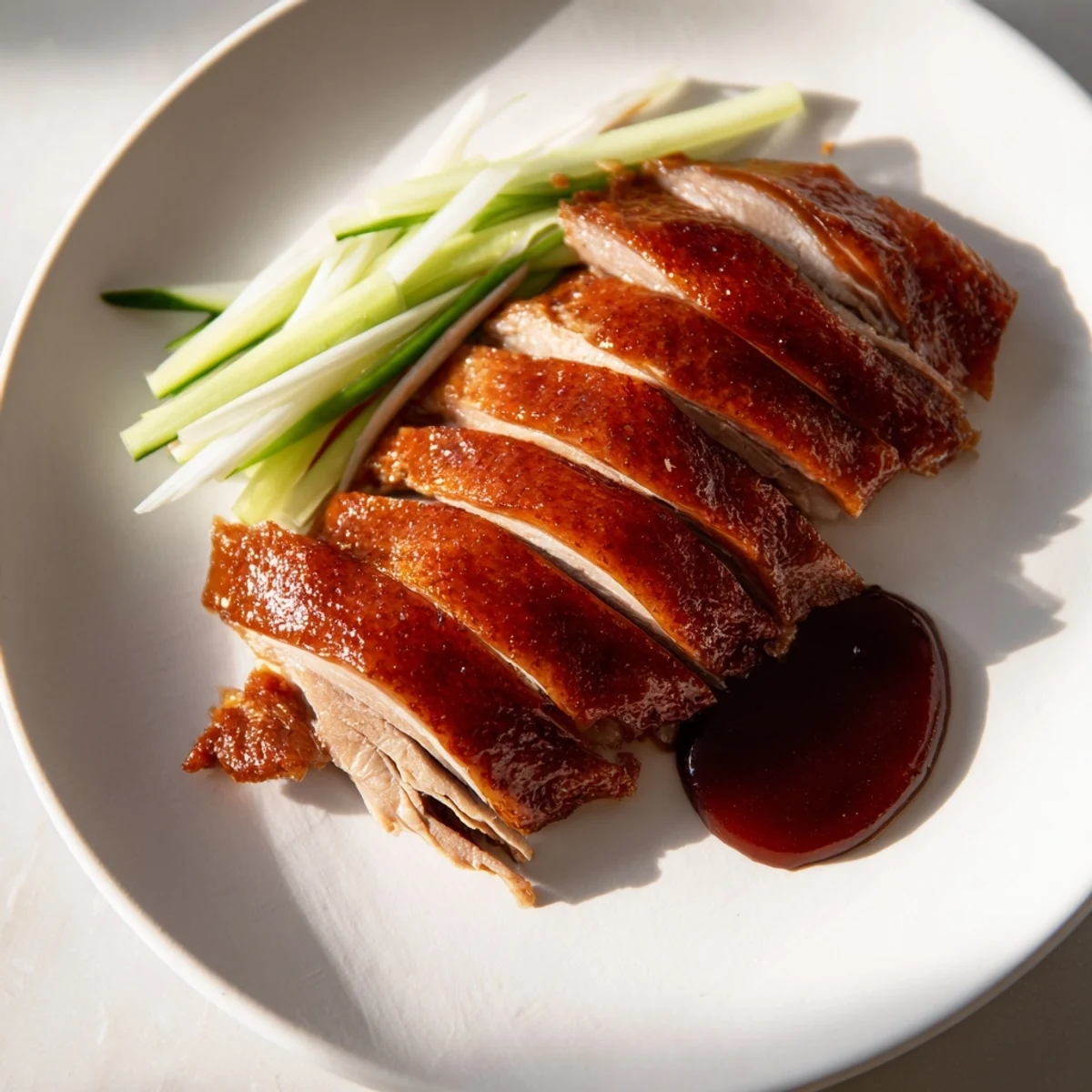A close-up shot of delicious Crispy Duck, glistening and fragrant from the oven, with savory aroma.