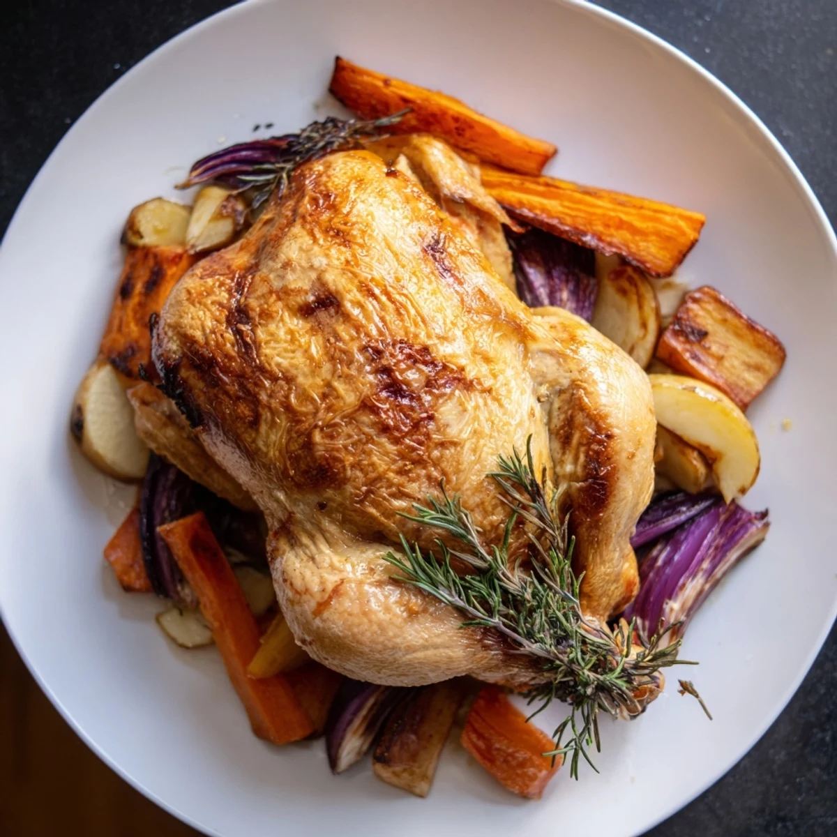 Golden-brown roasted chicken with root vegetables, a hearty and flavorful family meal option.