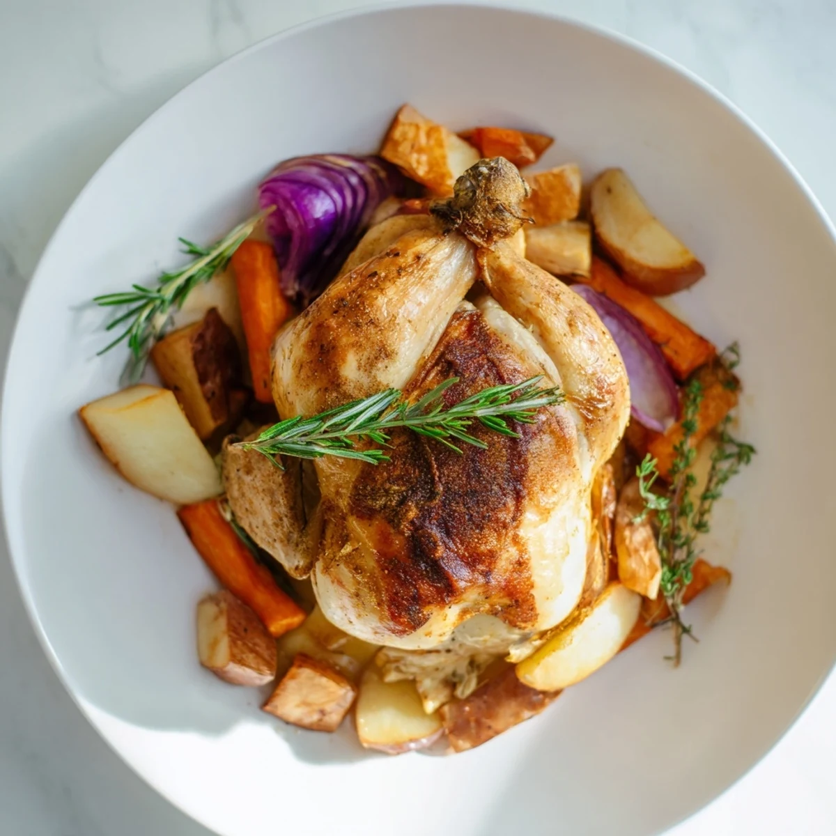 Juicy roasted chicken with tender root vegetables, ideal for a warm, delicious, gluten-free dinner.
