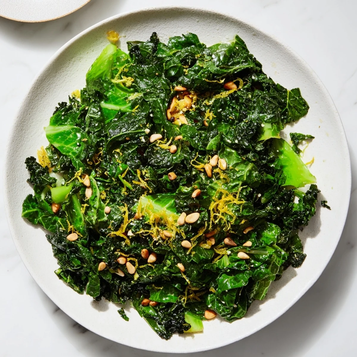 Plate of warm Winter Greens bursting with flavor, ready to add the final lemon zest garnish.