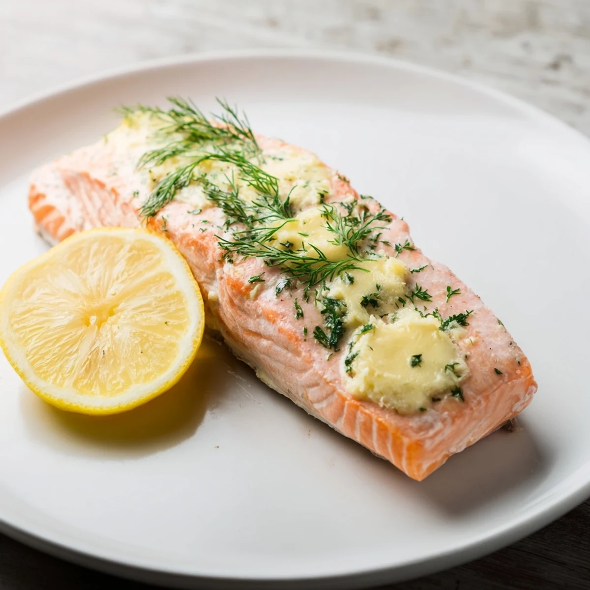 Flaky Baked Salmon with Lemon and Dill Butter, ready to melt in your mouth, garnished with lemon slices.