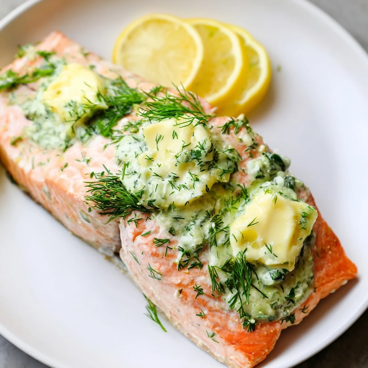Golden-brown Baked Salmon fillets, glistening with flavorful lemon-herb butter, served hot on a plate.