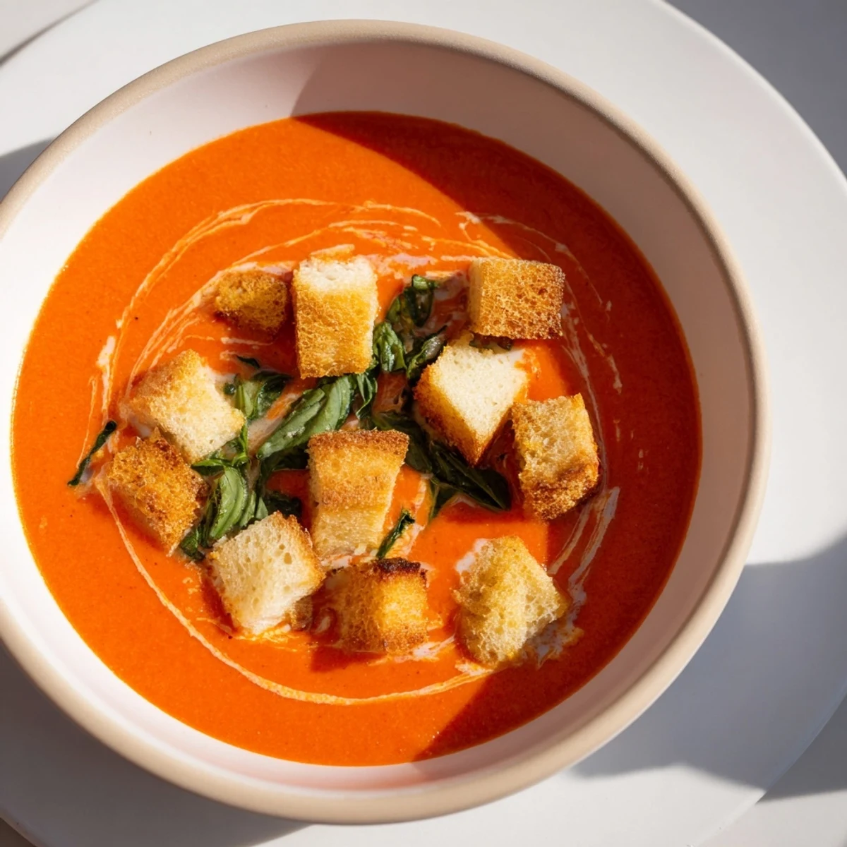 Creamy tomato and basil soup, a rich, vibrant bowl with golden croutons, making a perfect, warm meal.
