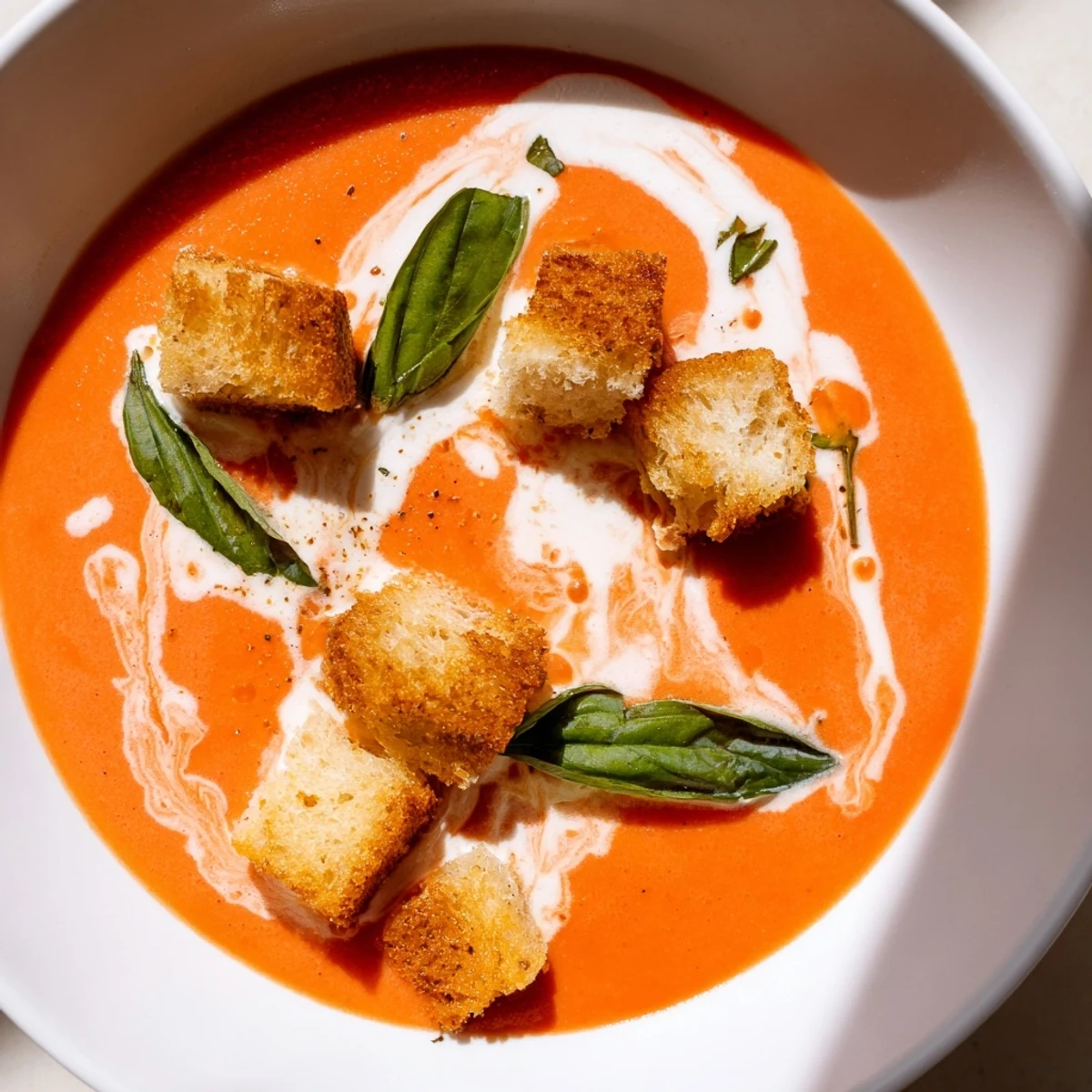 Enjoy a steaming bowl of homemade creamy tomato and basil soup, garnished with fresh basil leaves and crunchy croutons.