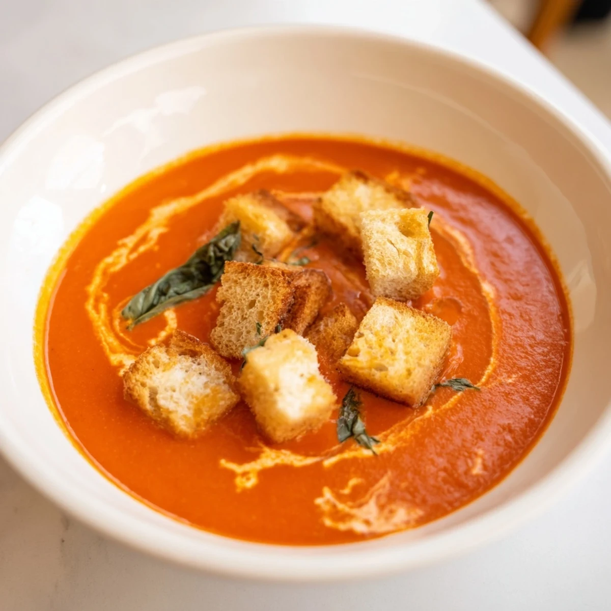 This photo features warm, comforting creamy tomato and basil soup, swirled with cream and dotted with toasted croutons.