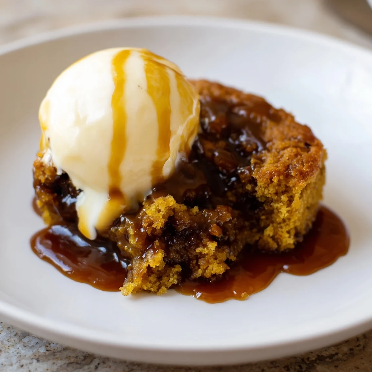 Warm Sticky Toffee Pudding served warm, drenched in glossy, rich toffee sauce, ready for dessert.
