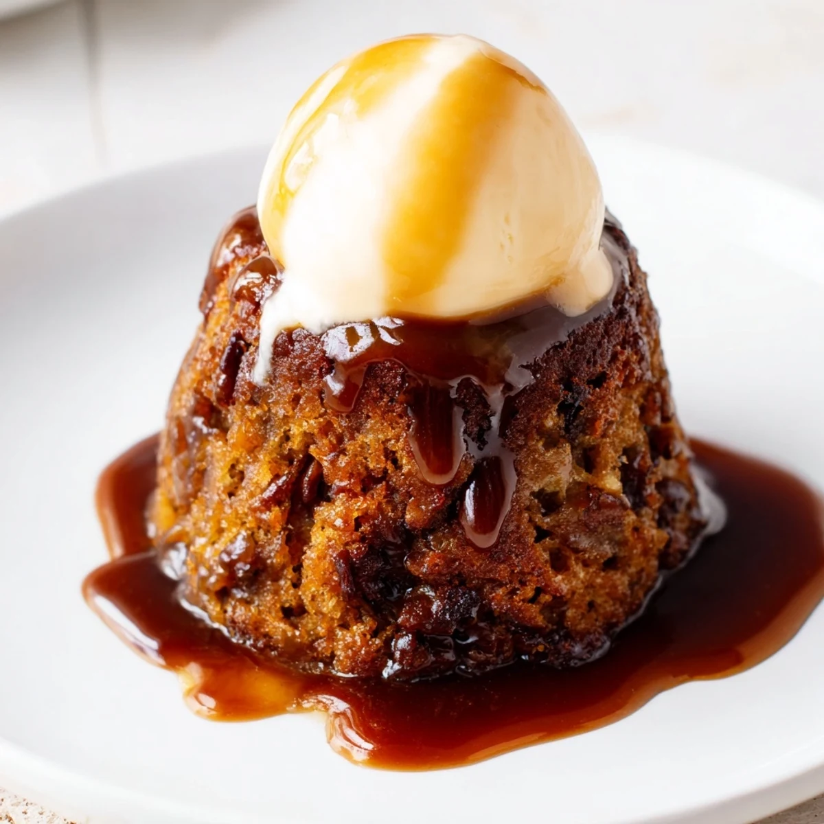 Moist date-infused sponge sits beneath flowing, golden toffee sauce in this Warm Sticky Toffee Pudding.