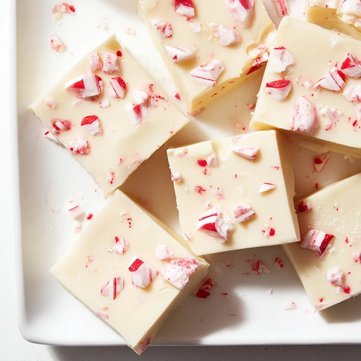 Creamy Peppermint and White Chocolate Fudge with crushed candy canes, perfect for gifting during the holidays.