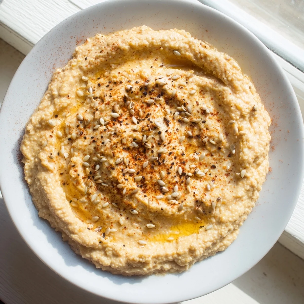 Bright orange spiced pumpkin hummus in a serving bowl, garnished and ready to enjoy with pita.