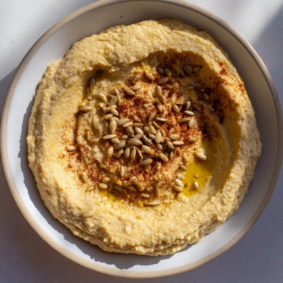 A swirl of spiced pumpkin hummus topped with pepitas, ready to dip warm pita.