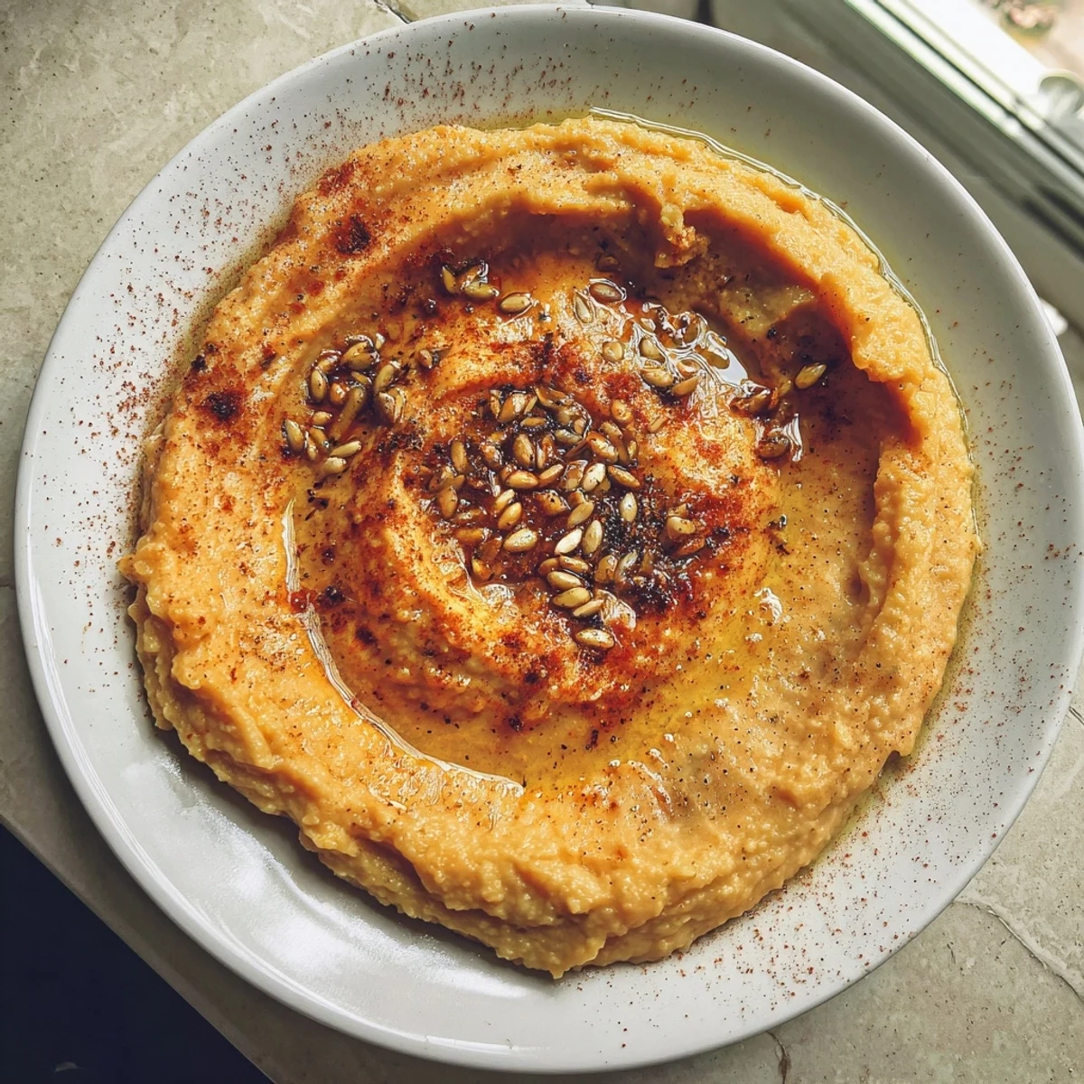 Warm, toasted pita alongside a scoop of creamy, spiced pumpkin hummus, perfect for fall snacking.