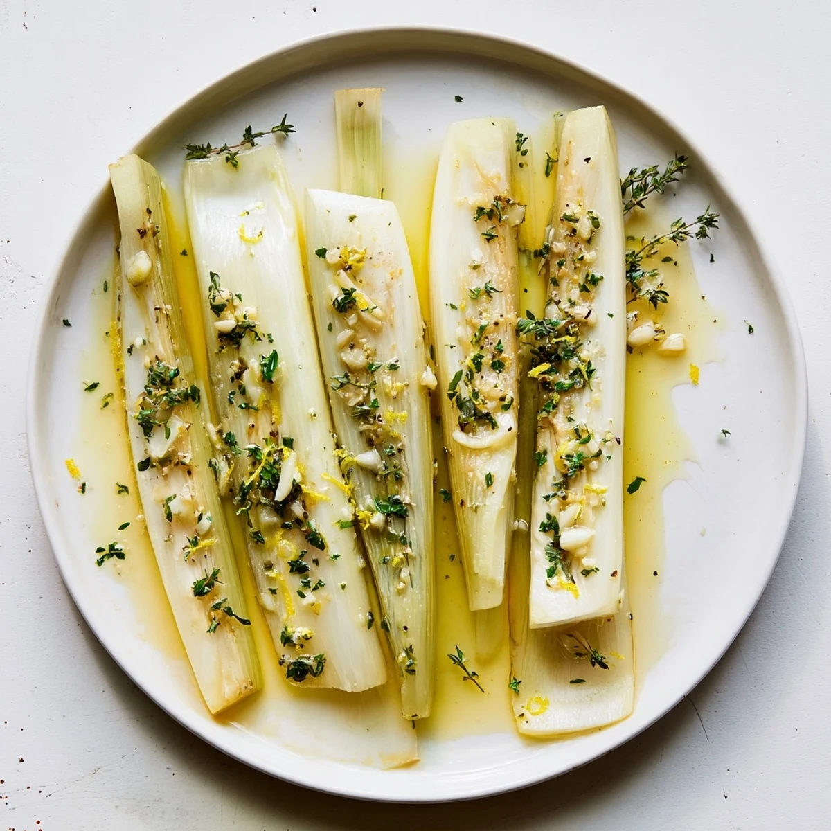A close-up of plated braised leeks; the glistening sauce hinting at the delicious taste to come.