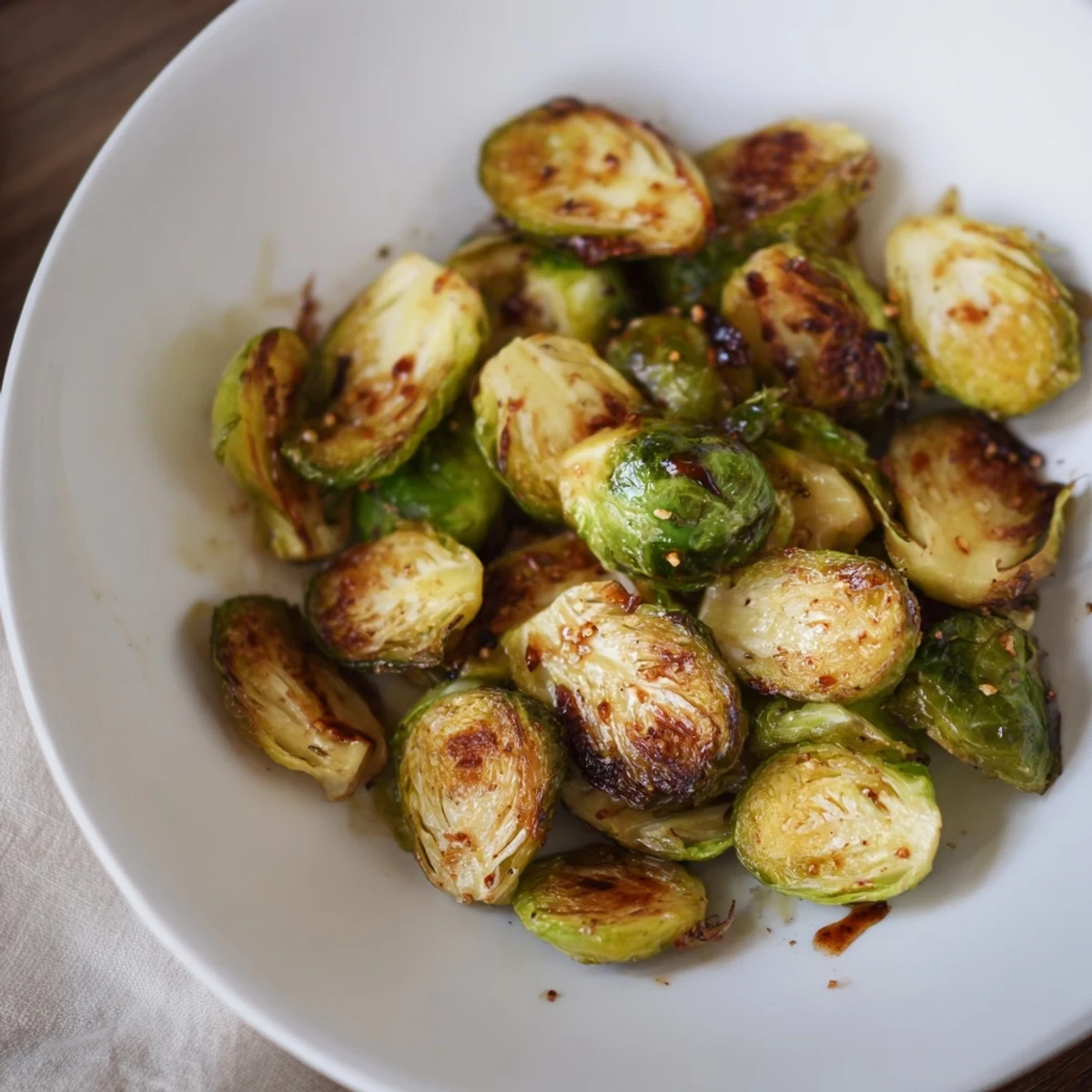 Golden, roasted Brussels sprouts glistening with olive oil, ready for enjoying tonight.