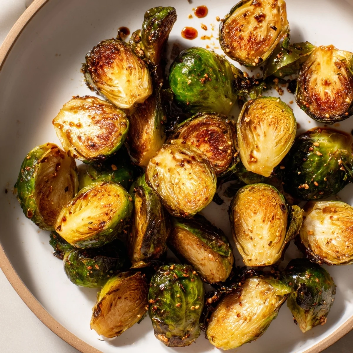 Close up shows flavorful roasted Brussels sprouts with crispy edges, ready to eat alongside any dinner.