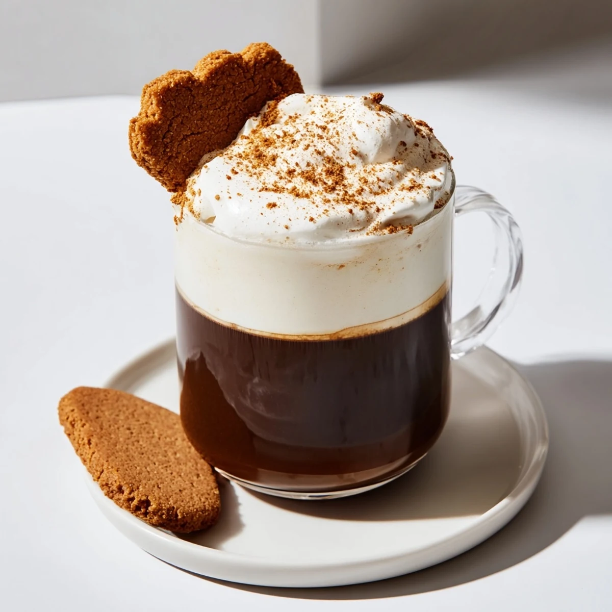 A warm Gingerbread Latte, perfect for a cozy afternoon, features foamy milk and rich espresso flavors.