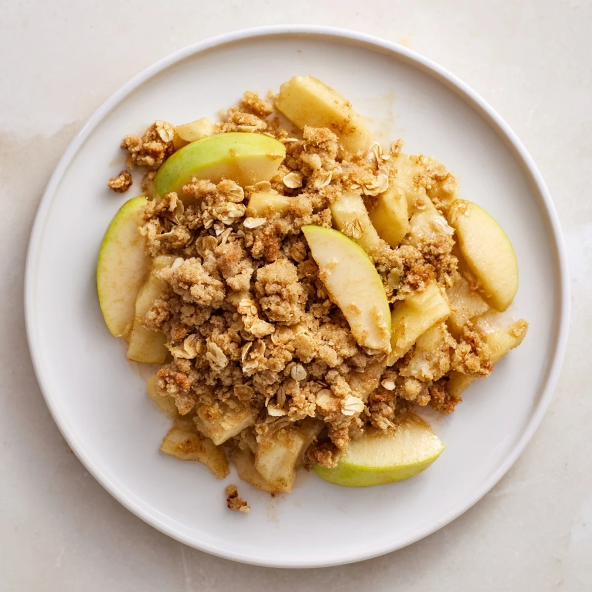 Golden-brown Warm Apple Crumble, bubbling and fragrant, served warm with a scoop of vanilla ice cream.