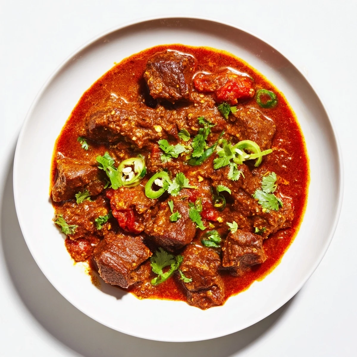 Aromatic Indian beef curry with chunks of beef in a rich, flavorful tomato sauce.