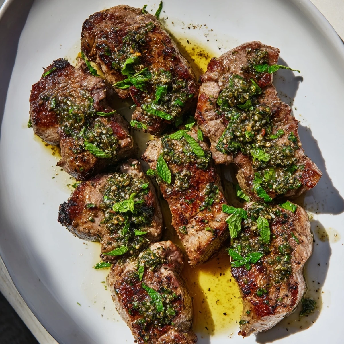Juicy, perfectly seared lamb chops glistening with a bright mint sauce, ready to serve.