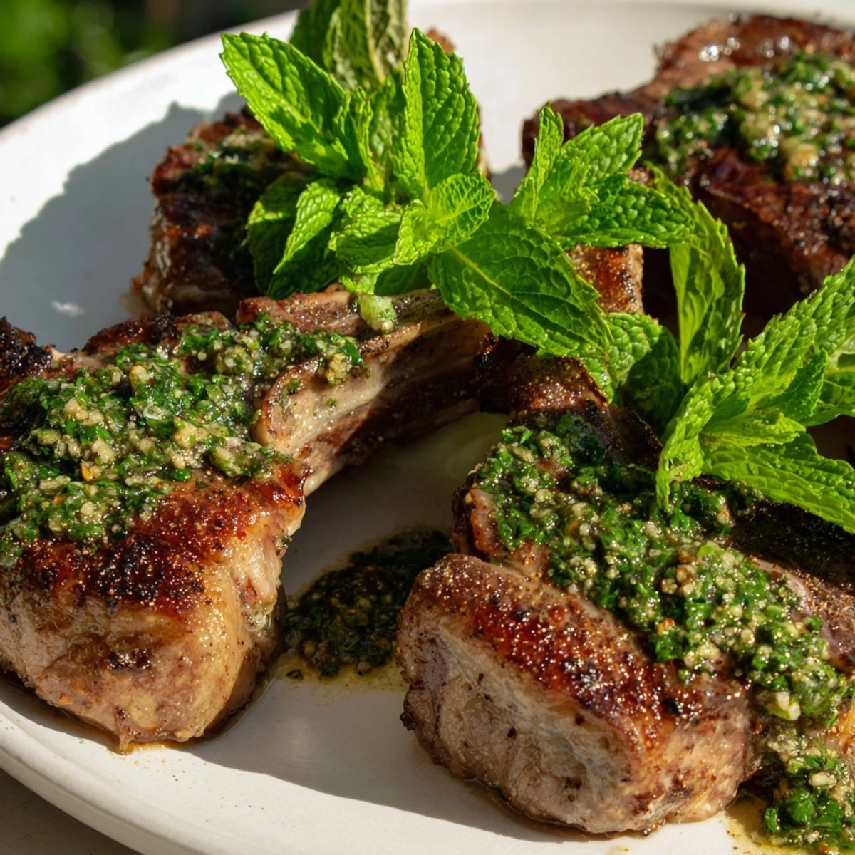Savory lamb chops with mint, garnished with mint leaves, a beautiful gluten-free meal.