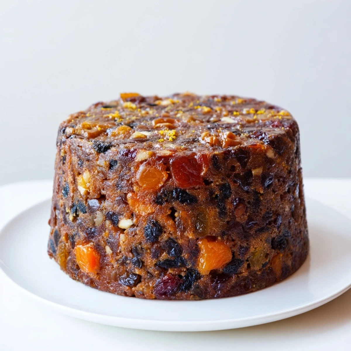 This close up shows a warm spiced fruit cake, rich and dark, perfect for dessert.