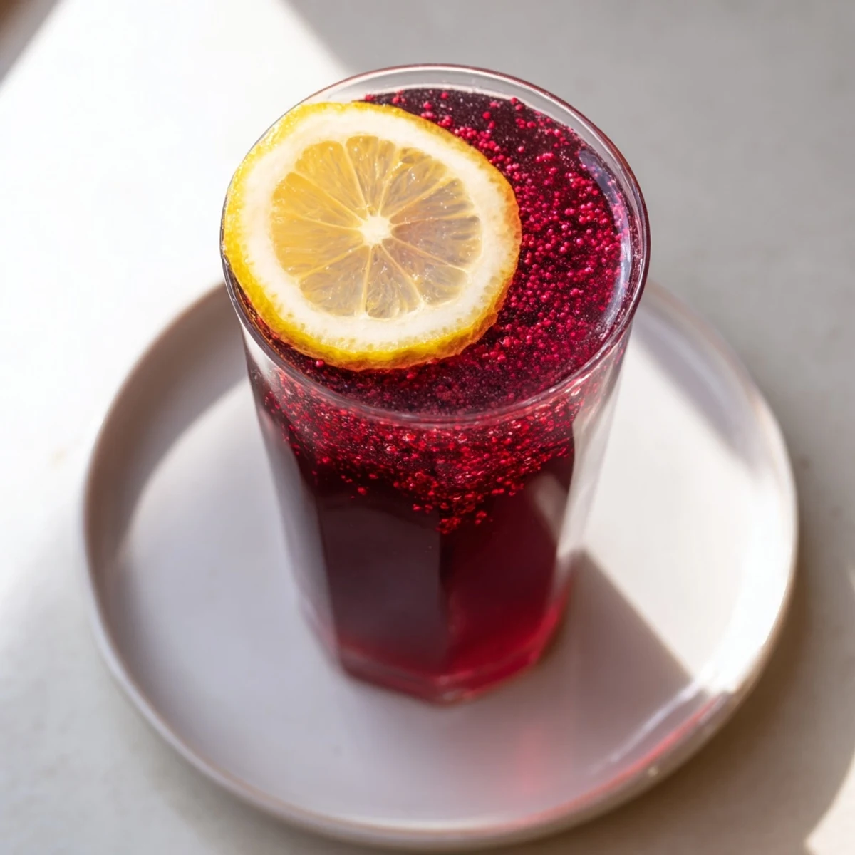 Bright red, homemade cranberry juice in a glass, offering a refreshing tart flavor.